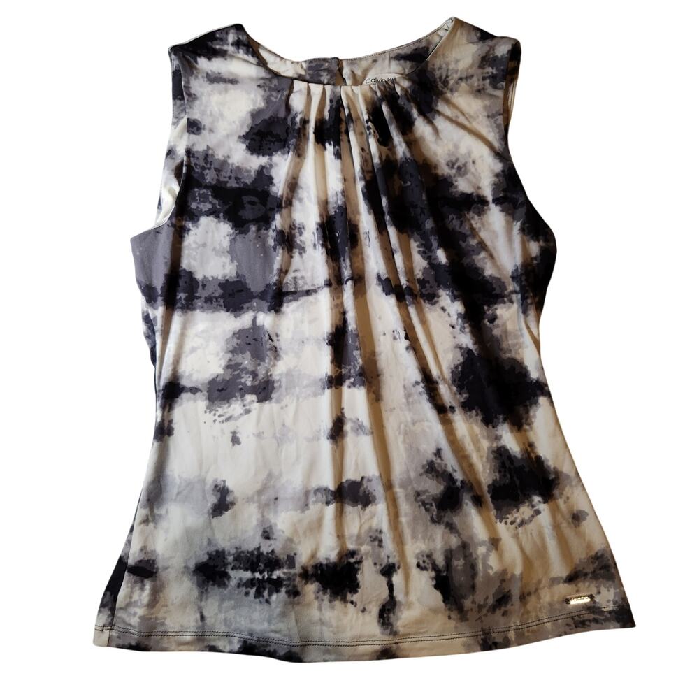 Calvin Klein Grey & White Tie Dye Sleeveless Tank Blouse - Medium - Office Chic
